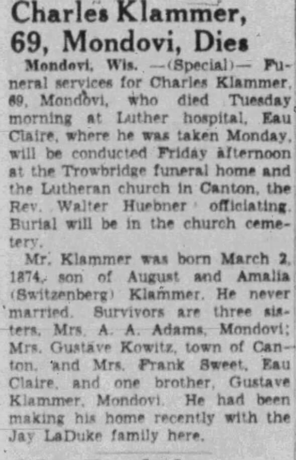 Obituary for Charles Klammer (Aged 69)